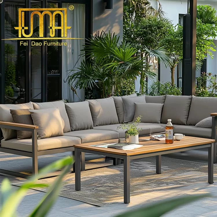 Teak and aluminum outdoor furniture comparison in modern patio setting | Feidao Furniture weatherproof collections